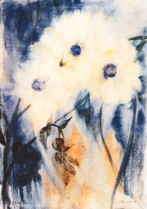 Ein Nahaufnahmegemälde mit weißen Blumen auf blauem Hintergrund