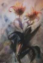 Ein Gemälde von Max Prantl, das rote Distelblüten zeigt.