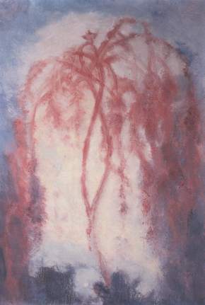 Gemälde von Max Prantl, das eine rote Pflanze mit hängenden Zweigen vor einem Hintergrund aus weißem Licht zeigt.